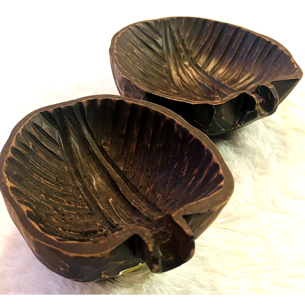 Set 2 Mango Wood Bowls Leaf Hand Carved Decor‎ Vintage Boho Tropical Indonesia